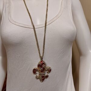 Fleur de lis Red rhinestone, clear crystals, goldtone large pendant necklace
